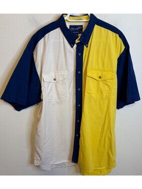 Vintage WRANGLER Western Short Sleeve Button Shirt COLORBLOCK Yellow Blue XL